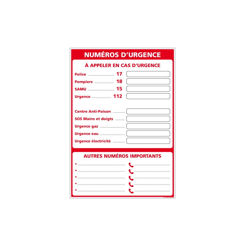 PANNEAU AFFICHAGE NUMEROS URGENCE FORMAT A4 EN PVC AVEC DOUBLE FACE